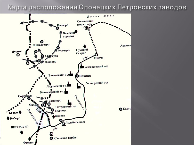 Карта расположения Олонецких Петровских заводов